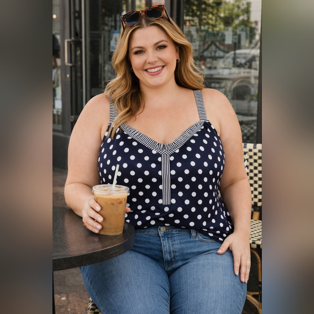 Coastal Chic Polka Dot Tank Top Plus 18/20W Summer Blouse Flowy Navy White